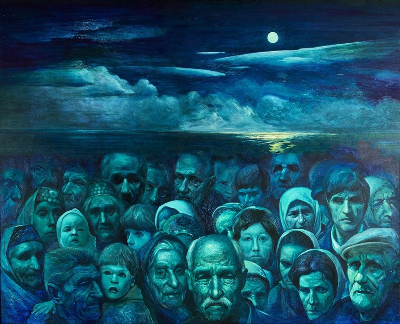 Deportation of the Crimean Tatars. A painting by Crimean Tatar artist Rustem Eminov. The entire population of Crimean Tatars who survived the German occupation of the peninsula (over 200 000) was deported by Stalin just in two days. In packed and locked railroad cattle cars and with few provisions and water, they were sent on an arduous journey to remote rural locations in Central Asia and Siberia. Over 46 percent of the Crimean Tatar people perished during the trip and in the first 2 years of the exile due to the harsh conditions. A year after the deportation when the WW2 ended, demobilized Crimean Tatar soldiers were sent from the Soviet Army directly into exile too.