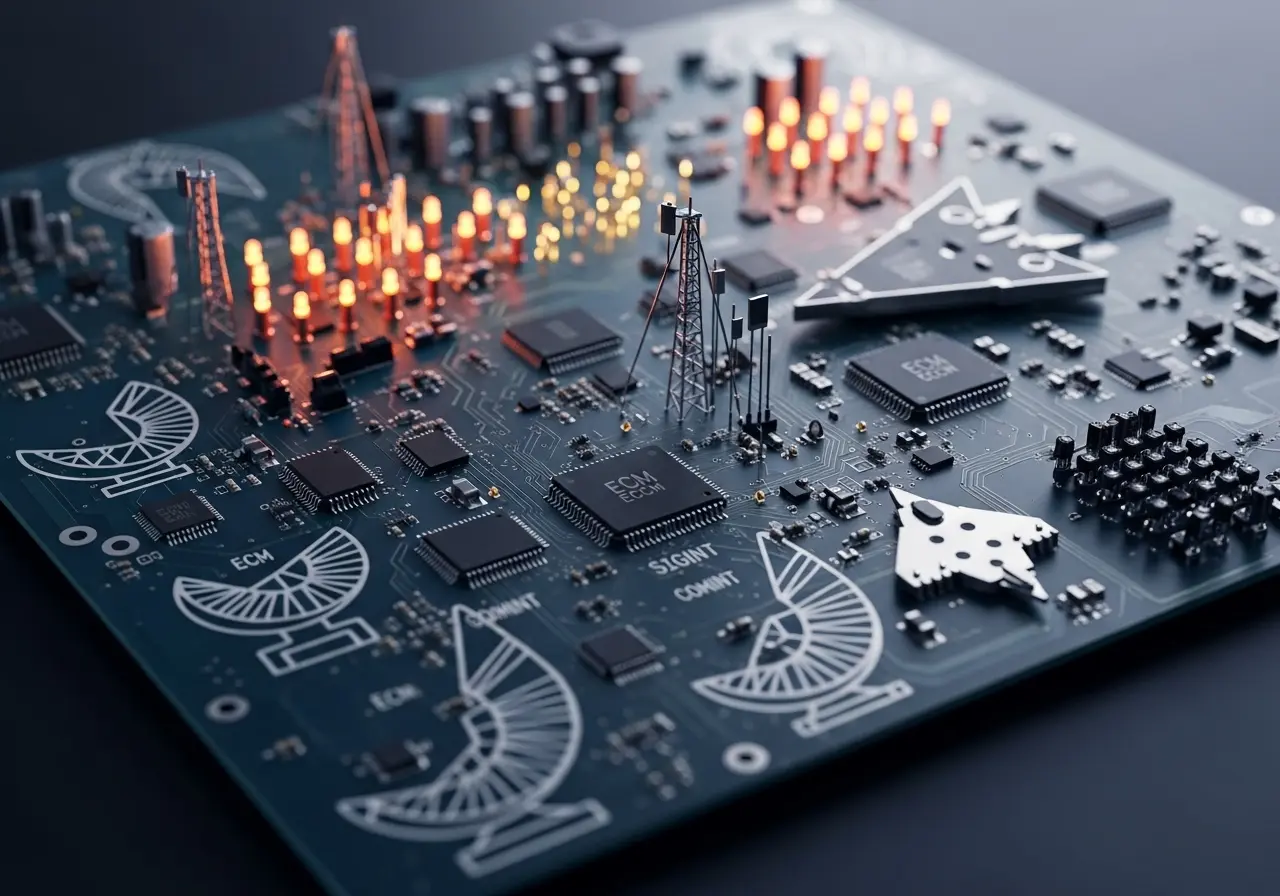 An electronic circuit board representing electronic warfare