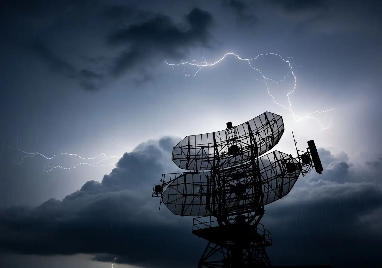 Dark, stormy clouds with a radar dish representing detection