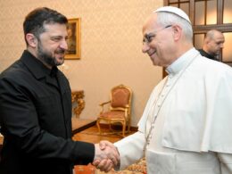 Ukrainian President Volodymyr Zelenskyy shakes hands with Pope Leo XIV at Castel Gandolfo, where the pontiff warned Trump's approach threatens the US-Europe alliance