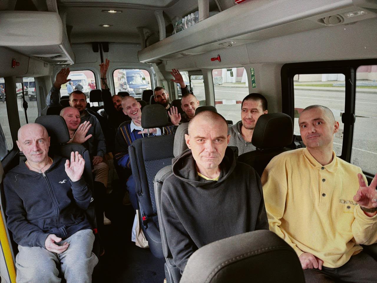 red cross has had access ukrainian pows russia since 2024 around 1500 captives face prosecution without having status confirmed—ukraine’s coordination headquarters · post returned servicemen inside minibus day release 24