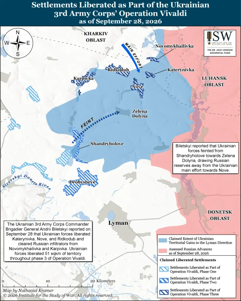 Map of settlements Ukraine's 3rd Army Corps says it liberated north of Lyman, as of 28 September 2026.