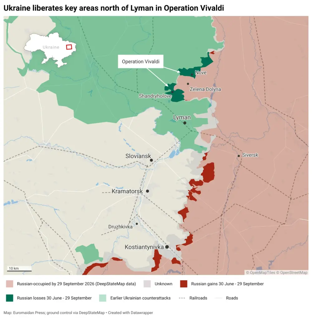 Ukraine liberates area above Lyman in Operation Vivaldi. Map: Euromaidan Press
