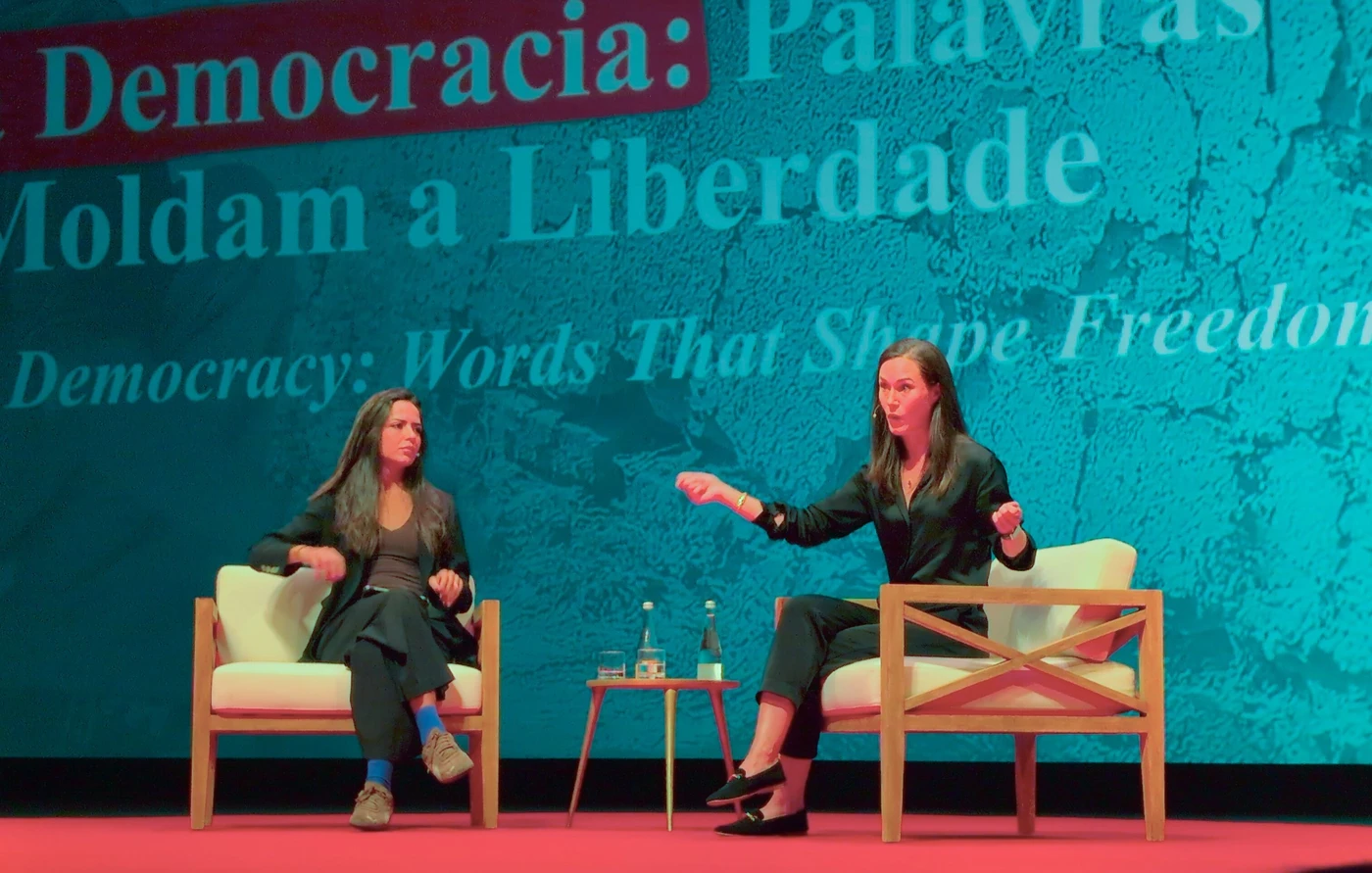 Sanna Marin speaks at Book 2.0 event in Lisbon, Portugal. Lisbon, 16 September 2026, days after a Russian drone hit a train travelling beside hers on the way back from Kyiv. Photo: Alexander Price