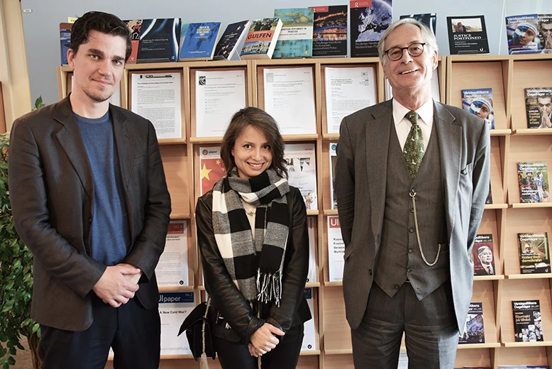 Katja Yafimava (center), Law Professor Kaj Hobér (right) at a seminar about Russia's energy policy and the prospects of Nord Stream 2 at Upsala University in Sweden. May 2019. Photo: ui.se