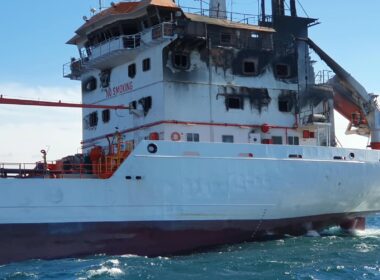 The San Marino-flagged chemical tanker Wine Trader near Sulina, Romania, on 15 October 2026, after it was hit by drones about 14 nautical miles off the coast. Seven of its 12 crew were reported missing. Photo: ARSVOM