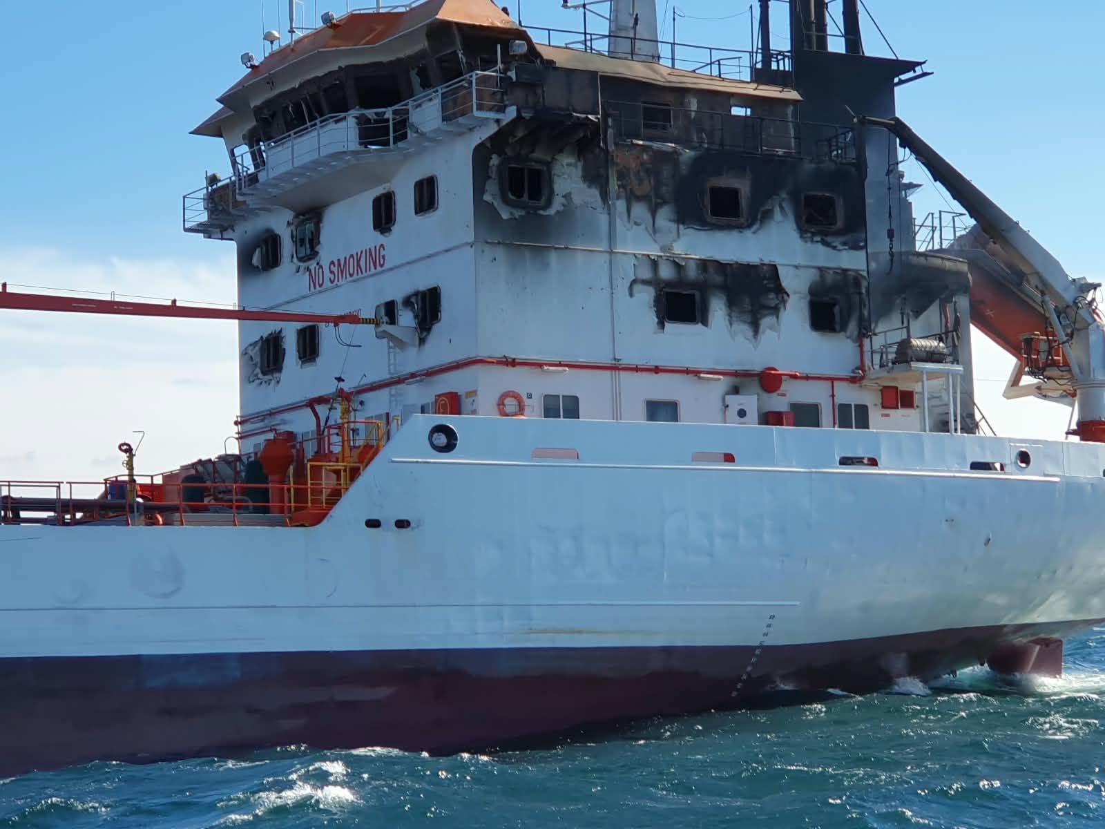 The San Marino-flagged chemical tanker Wine Trader near Sulina, Romania, on 15 October 2026, after it was hit by drones about 14 nautical miles off the coast. Seven of its 12 crew were reported missing. Photo: ARSVOM