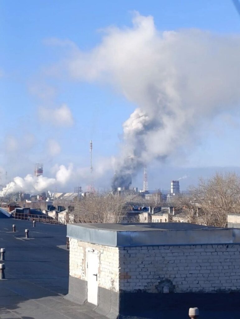 Smoke rises over Uralchem's Azot chemical plant in Berezniki, Perm Krai, after a drone attack, Russia, 23 October 2026