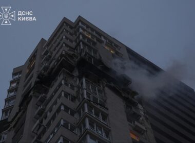 just grid 24-storey block university warehouses were russia’s target list overnight four people dead · post smoke rises apartment building kyiv’s sviatoshynskyi district after russian drone strike 21 2026 kyivjfif