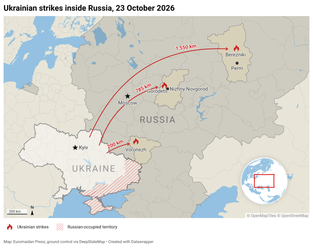 Ukrainian strikes inside Russia on Gorodets, Berezniki, and Voronezh, with distances from Ukraine, 23 October 2026